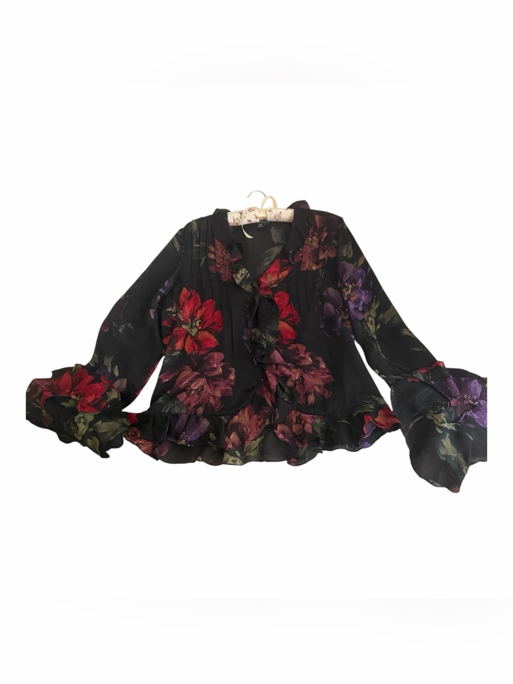 Floral Ruffle Long-Sleeve Blouse in Black with Red & Purple Flowers